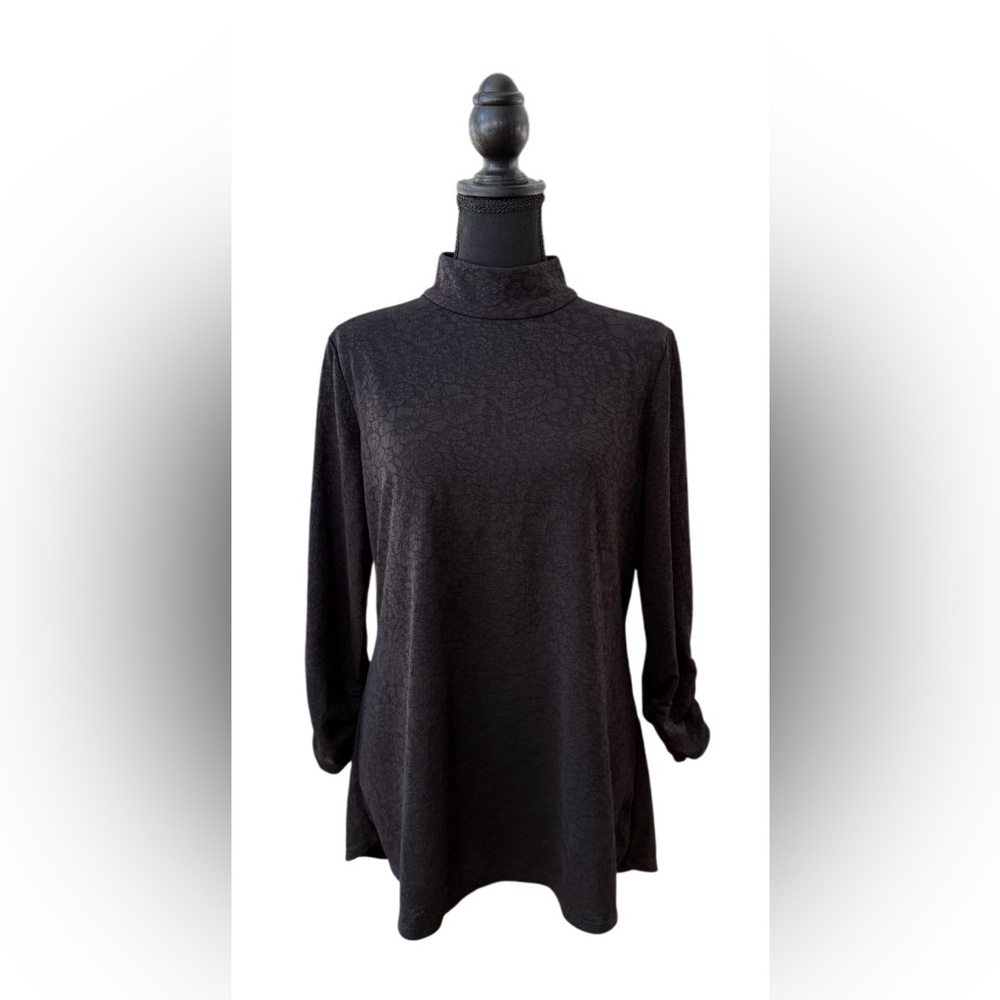 Susan Graver Black Textured Long Sleeve Mock Neck Top with Ruched Sleeves